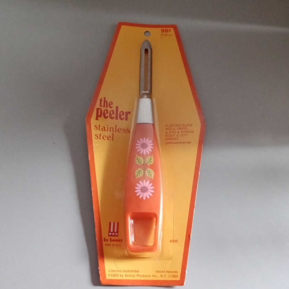 Vintage 1969 Bonny Orange Floral Stainless Steel Vegetable Peeler New NOS 905